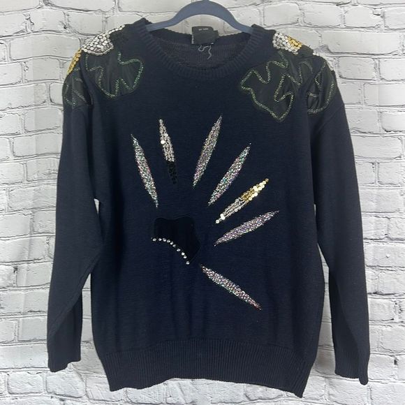 Vintage Pierre Cardin sweater sequins beaded patches navy blue size 40 - Picture 1 of 14